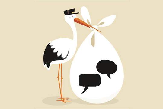 an illustration of a stork delivering speech bubbles